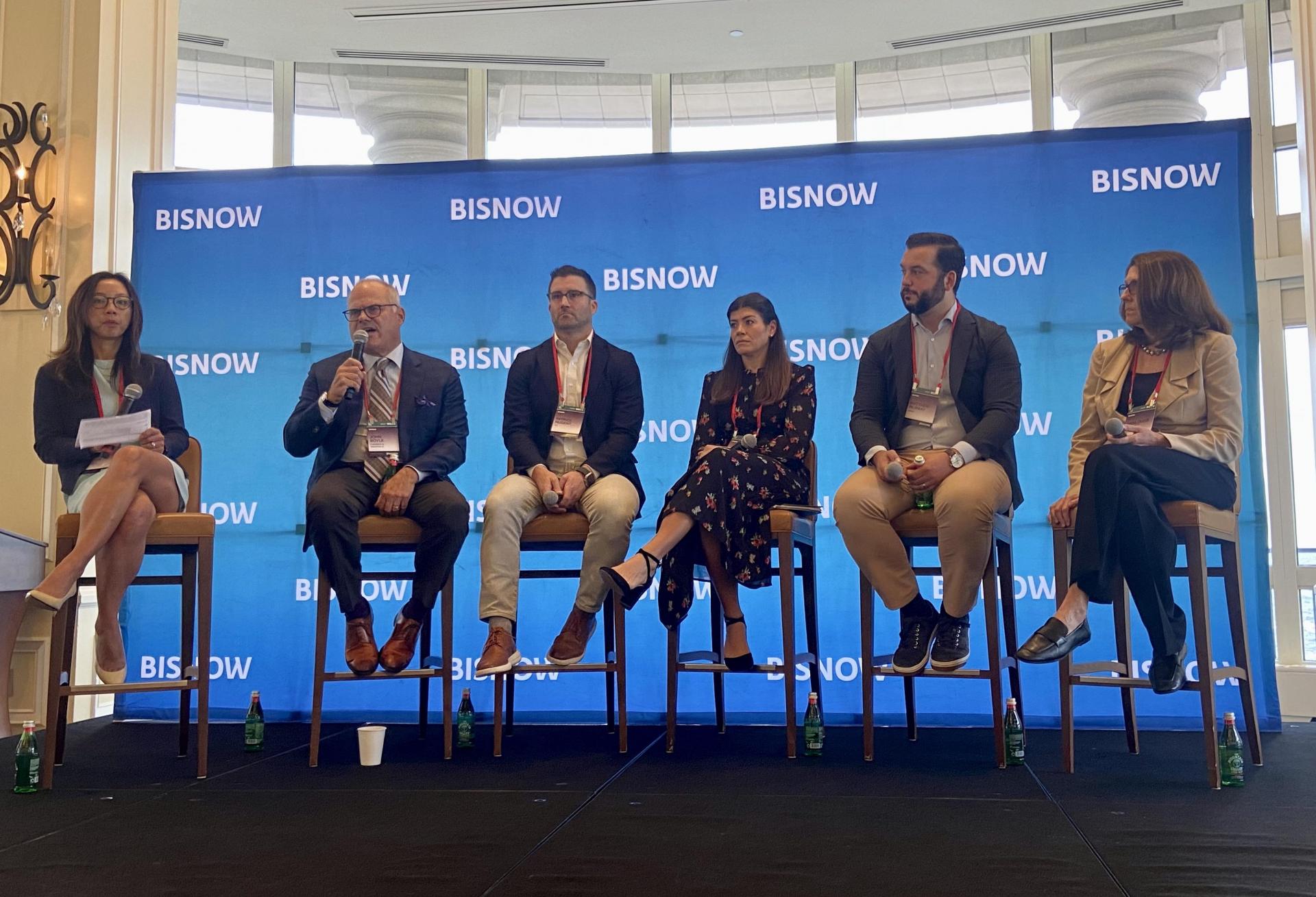 TRIA's Marilyn Shen, Cushman & Wakefield's John Boyle, JLL's Patrick Nugent, Samuels & Associates' Emily Simard, Hines' Matthew Murray and SimpliSafe's AnnLouise White at Bisnow's Boston Office: Navigating the Changing Landscape.