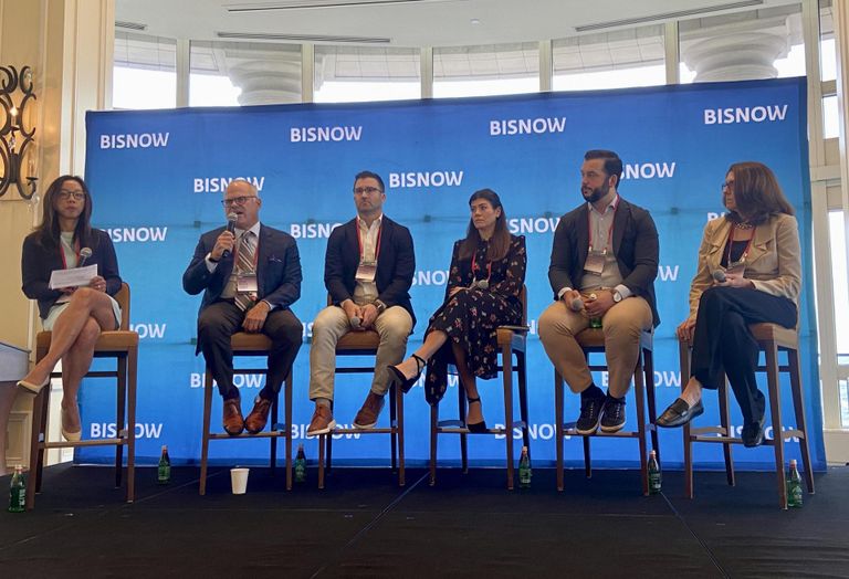 TRIA's Marilyn Shen, Cushman & Wakefield's John Boyle, JLL's Patrick Nugent, Samuels & Associates' Emily Simard, Hines' Matthew Murray and SimpliSafe's AnnLouise White at Bisnow's Boston Office: Navigating the Changing Landscape.