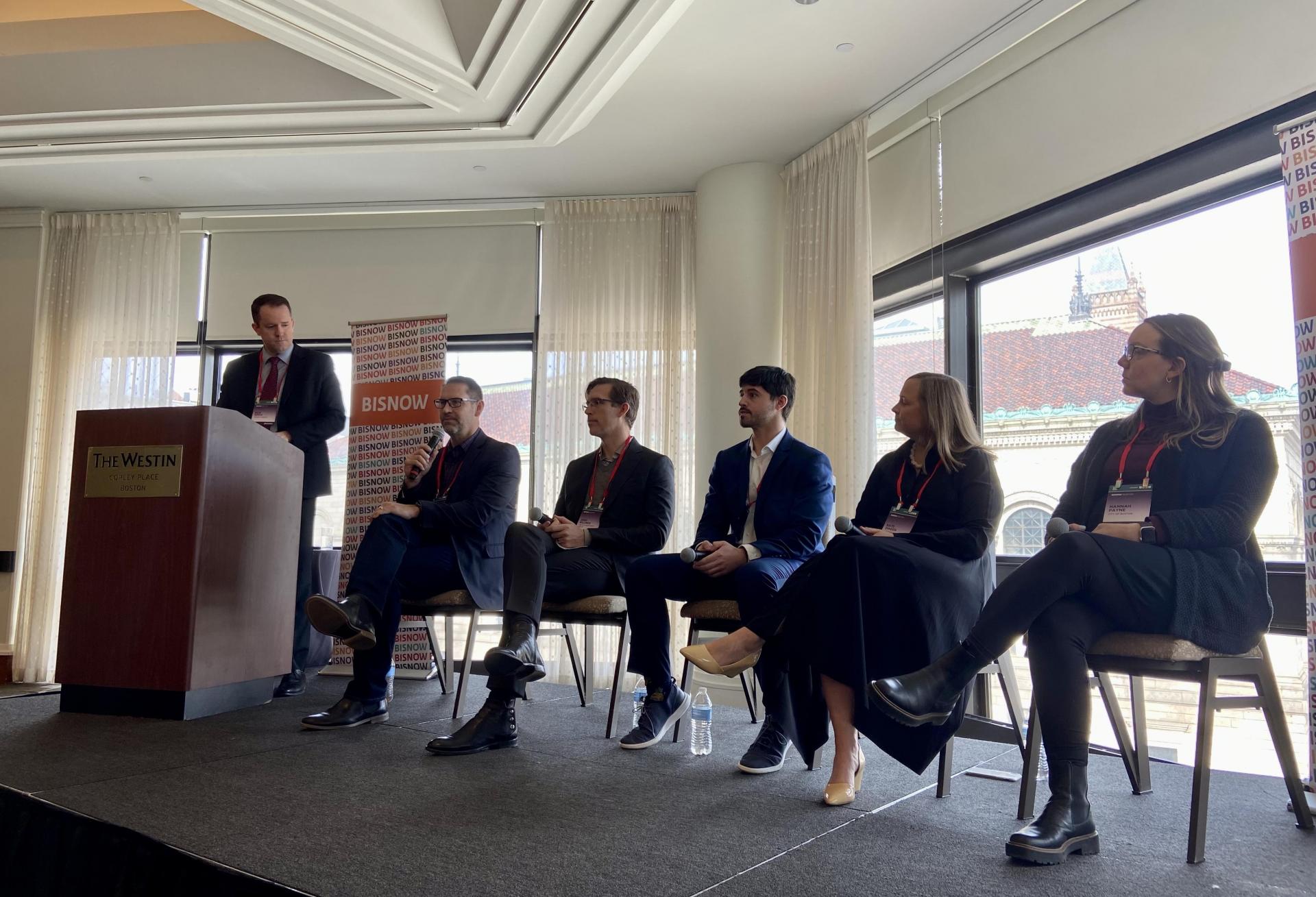Vicinity Energy's Rick Smith, Elkus Manfredi Architects' William Halter, The HYM Investment Group's Josh Billings, City of Everett's Matt Lattanzi, A Better City's Kate Dineen and City of Boston's Hannah Payne. 