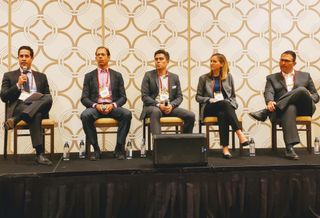 Allen Matkins' Keith Pollock, Kidder Mathews' Richard Putnam, CBRE's Brandon Smith, Canyon Partners Real Estate's Robin Potts and Morgan Stanley's Kev Zoryan at Bisnow's Greater Los Angeles Capital Markets & Real Estate Finance event at the JW Marriott in downtown Los Angeles
