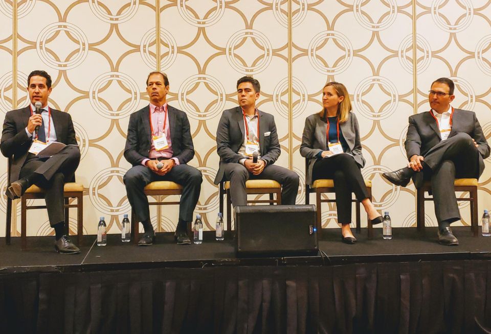Allen Matkins' Keith Pollock, Kidder Mathews' Richard Putnam, CBRE's Brandon Smith, Canyon Partners Real Estate's Robin Potts and Morgan Stanley's Kev Zoryan at Bisnow's Greater Los Angeles Capital Markets & Real Estate Finance event at the JW Marriott in downtown Los Angeles