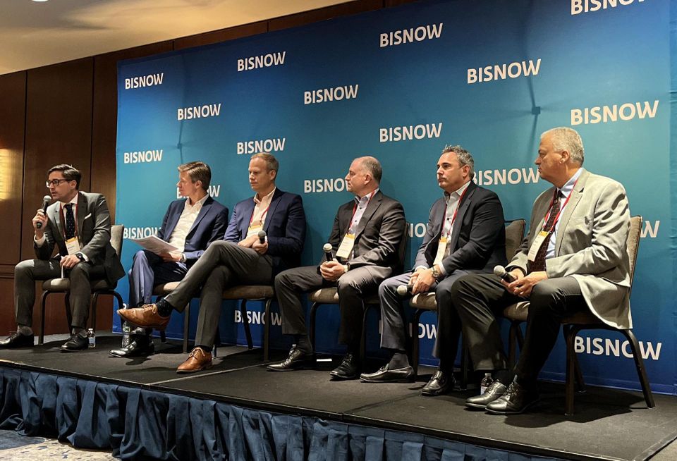 Herrick Feinstein's Brendan Schmitt, Skidmore, Owings & Merril LLP's Frank Mahan, Rudin's Raymond Houseknecht, STO Building Group's Brooks McDaniel, Olnick Organization's Seth Schochet and Severud Associates Consulting Engineers's Steven Najarian onstage at Bisnow's New York Multifamily and Residents of the Future event.