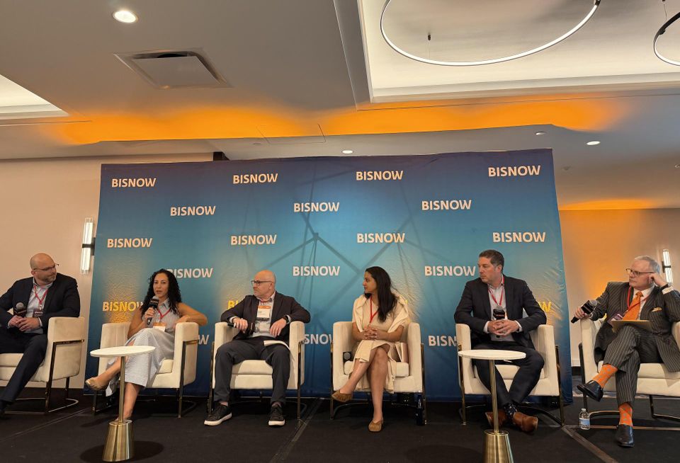 First Street's Jeremy Porter, Vornado Realty Trust's Lauren Moss, CPC Climate Capital's Drew Ades, Clarion Partners' Karen Mahrous, Ares Management's Daren Moss and Herrick's Morris Defeo, Jr. onstage at Bisnow's 2026 National Energy and Sustainability conference. 