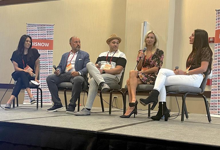 HeightZero Real Estate's Laura Pamatian, PINKTADA's Mark Gordon, BalconyDAO's John Belitsky, Propy's Kelly Dolyniuk and Crypto Estate's Madison Roberts speak at Bisnow's Blockchain and Tokenization event August 2022.