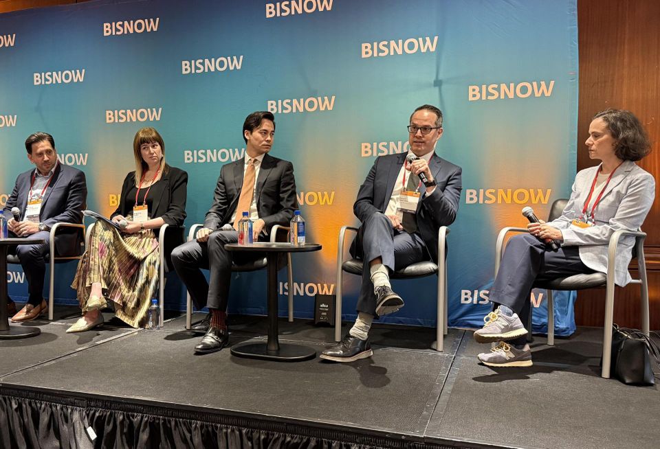 Clune Construction’s Teddy Kalaboukas, Karp Strategies’ Rebecca Karp, NYC EDC’s Anton Fredriksson, Red Oak Street’s David Garten and MTA Construction and Development’s Miriam Harris onstage at Bisnow's 2026 New York Infrastructure, Public-Private Projects and Transportation event.