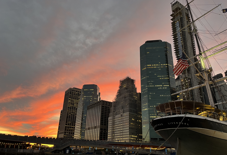 A view of skyscrapers in Lower Manhattan from South Street Seaport. Taken October 2024.