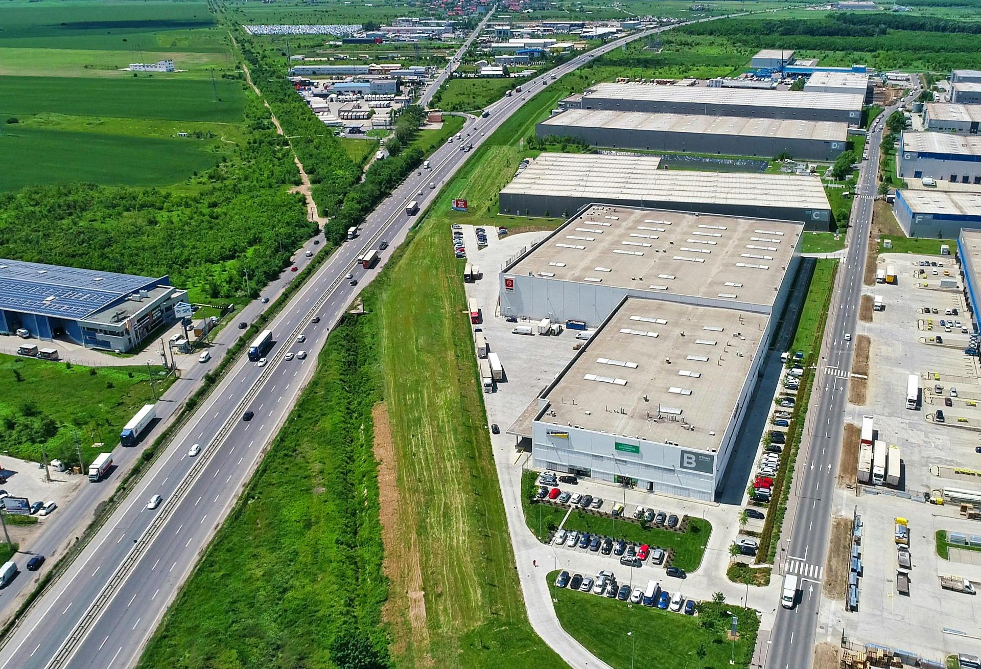 Industrial park aerial warehouse distribution center