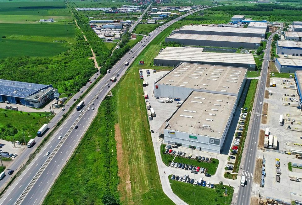 Industrial park aerial warehouse distribution center