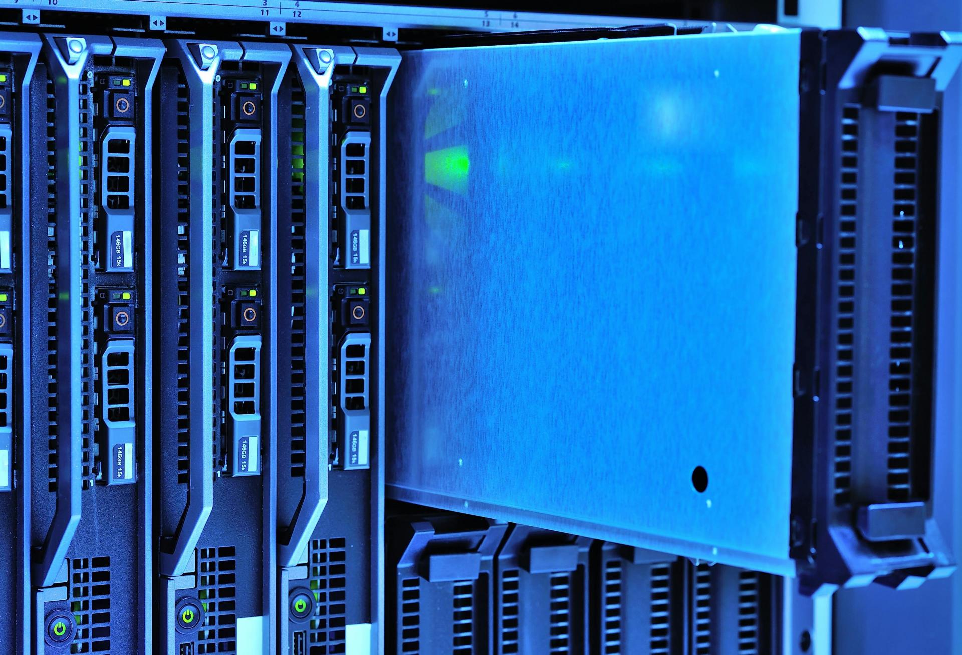 Server racks in a data center environment.