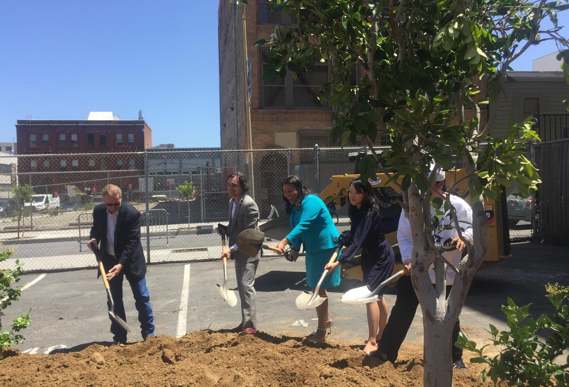 Hearst Corp.'s Stephen T. Hearst, Brookfield Properties Vice President Jason Bonnet, S.F. Mayor London Breed, former District 6 Supervisor Jane Kim and United Playaz activist Rudy Corpuz Jr. participate in the 5M groundbreaking ceremony. Mayor London Breed and company breaking ground at 5M