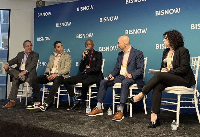 Brown Harris Stevens Development Marketing's Stephen Kiliegerman, Slate Property Group's Martin Nussbaum, Asland Capital Partners's James Simmons, Ariel Property Advisors Simon Shkury and Adler & Stachenfeld's Danielle Ash onstage at Bisnow's 2023 New York City State of the Market event.