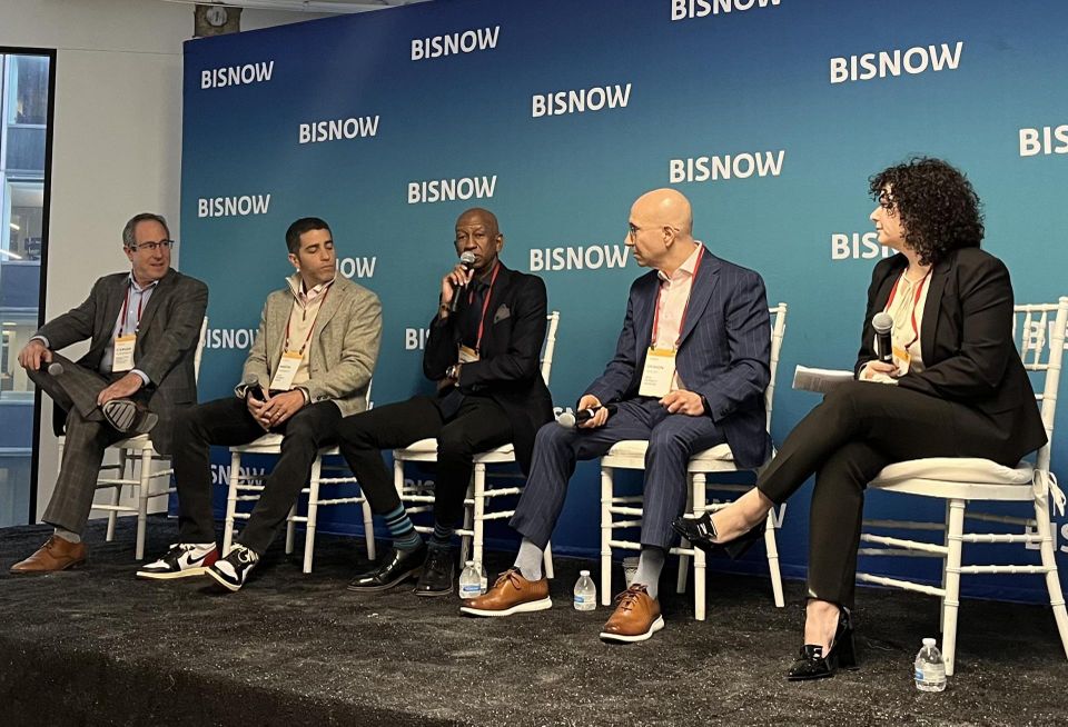Brown Harris Stevens Development Marketing's Stephen Kiliegerman, Slate Property Group's Martin Nussbaum, Asland Capital Partners's James Simmons, Ariel Property Advisors Simon Shkury and Adler & Stachenfeld's Danielle Ash onstage at Bisnow's 2023 New York City State of the Market event.