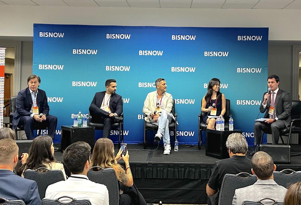 Fortune International Group's Edgardo Defortuna, Apex Capital Realty's Miguel Pinto, Deco Capital's Bradley Colmer, Focus's Vickey Lee and Bilzin Sumberg's Michael LaMoyeux on a panel at Bisnow's Construction and Development conference on May 25, 2023.