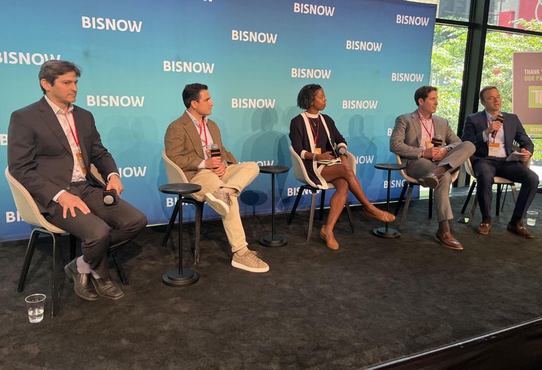 Phoenix Realty Group's Ron Orgel, Tredway's Adam Sussi, FCP's Alecia Hill, Ariel Property Advisors' Victor Sozio and Hirschen Singer & Epstein's Russel Kivler onstage at Bisnow's 2026 New York Affordable Housing Conference.