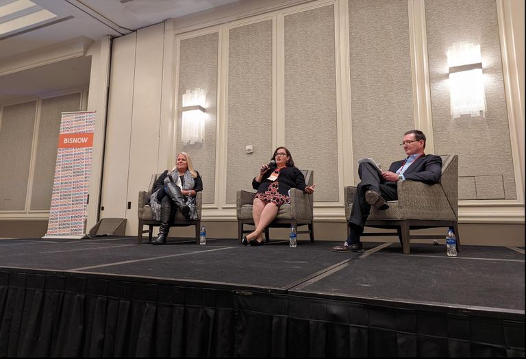 Sarah Keller (center) of Uber speaks with Compass Datacenters'  Nancy Novak and moderator Marshall Sorenson at Bisnow's National Dice Construction Design and Development Summit, March 2022
