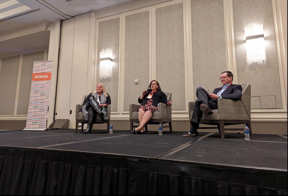 Sarah Keller (center) of Uber speaks with Compass Datacenters' Nancy Novak and moderator Marshall Sorenson at Bisnow's National Dice Construction Design and Development Summit, March 2022
