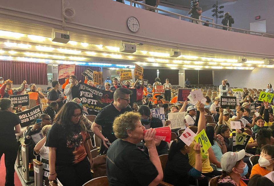 Tenant demonstrators attended the New York City Rent Guidelines Board hearing June 21, loudly calling for the board to freeze or reduce stabilized rents.