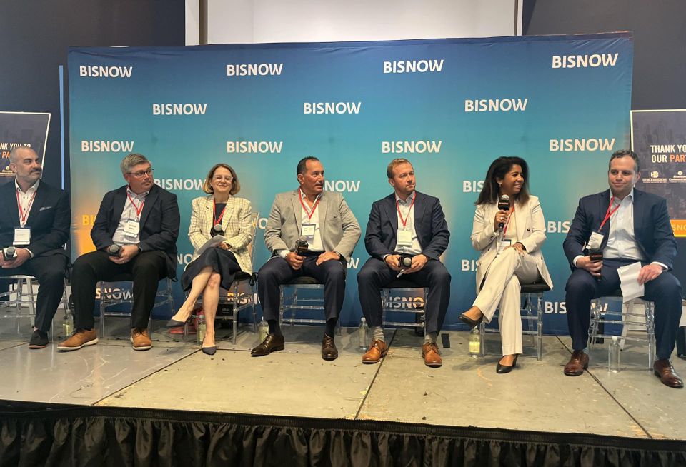 HDR's Anthony Caputo, Syska Hennessy Group's Richard Nowak, Twine Architectural Studio's Pamela Smith, Shawmut Design and Construction's Charles Avolio, Mount Sinai Health System's Colin Barrett, Columbia University Medical Center's Madeline Julien and Tannenbaum Helpern Brandon Reiner onstage at Bisnow’s 2026 New York Healthcare Real Estate Conference.