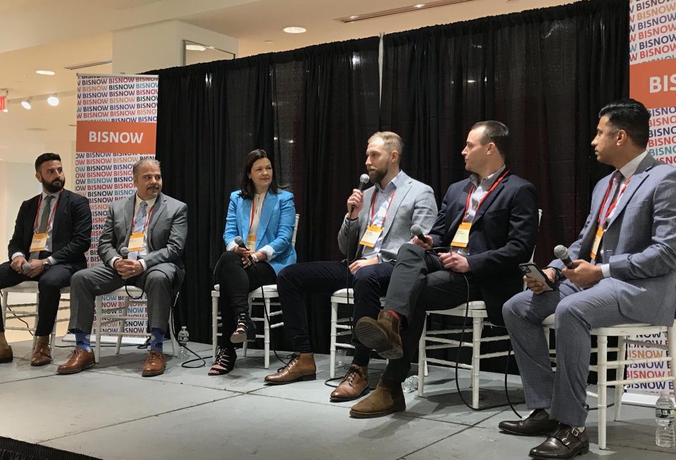 Jokr's Alex Solomon, Starbucks' Dan Shallit, MBH Architect's Helen Herrick, Schimenti's Oliver Holland, Meridian's Vince Sweeney and Brik + Clik's Hemant Chavan at Bisnow's National Retail event in April 2022.