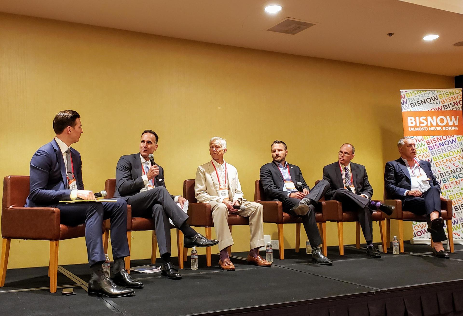 Allen Matkins’ Jonathan Consani, CBRE Kurt Strasmann, Pacifica Capital Investments' Steve Leonard, Kidder Mathews' Jon Reno, Dedeaux Properties' Alon Kraft, Wonderful Real Estate Development's Joe Vargas discuss the industrial market at a panel at Bisnow's Southern California Industrial & Logistics Summit Aug. 20 at The L.A. Grand Hotel Downtown in Los Angeles