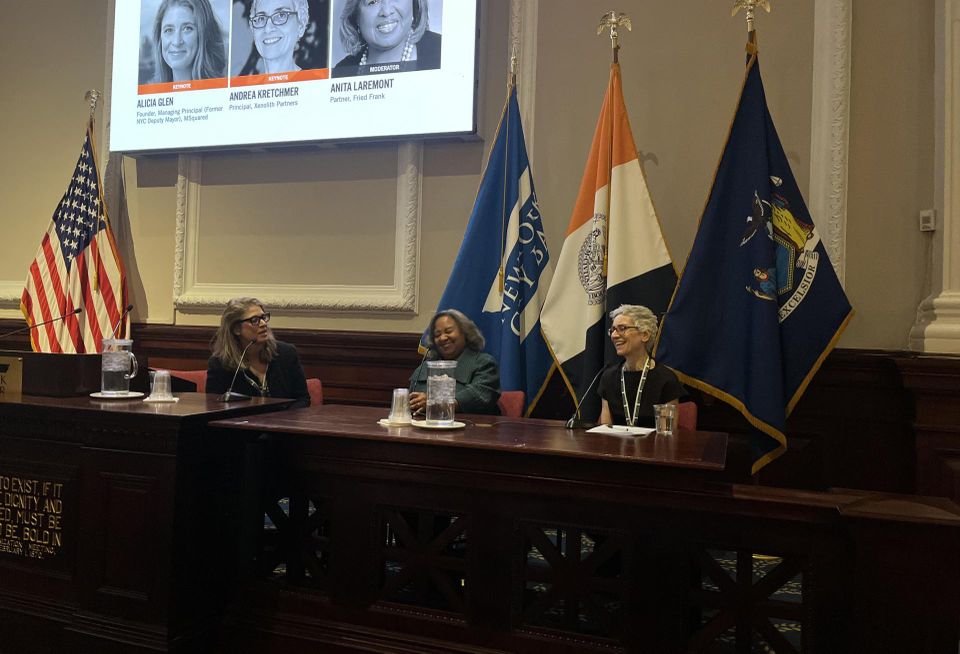 Msquared's Alicia Glen, Fried Frank's Anita Laremont and Xenolith Partners' Andrea Kretchmer on stage at Bisnow's New York Multifamily Development and Investment Conference.