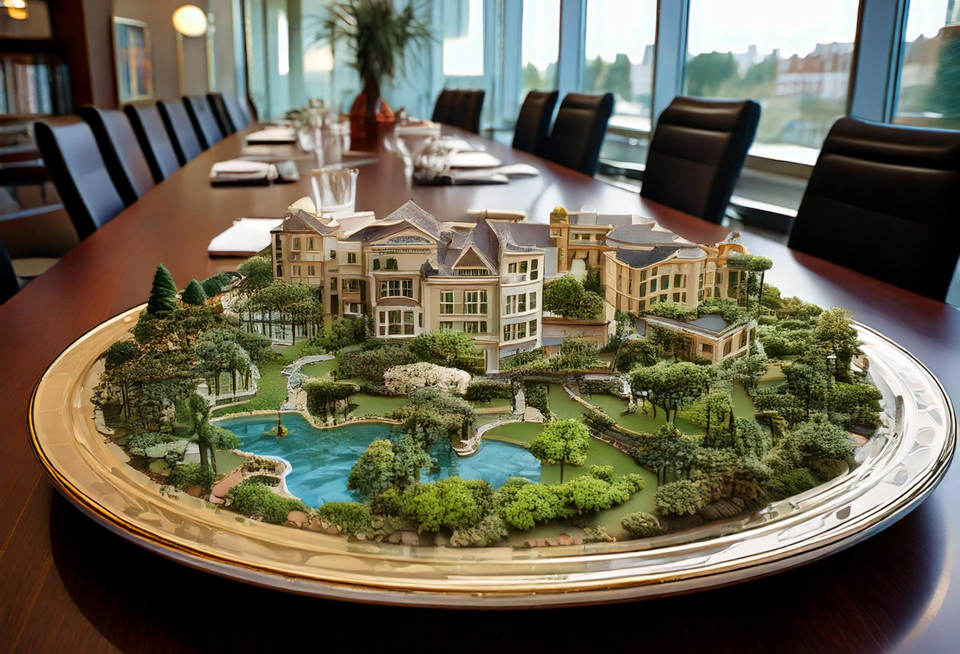 Firefly A platter with a garden-style apartment complex on it. The platter is sitting on a long boardroom table