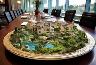 Firefly A platter with a garden-style apartment complex on it. The platter is sitting on a long boardroom table