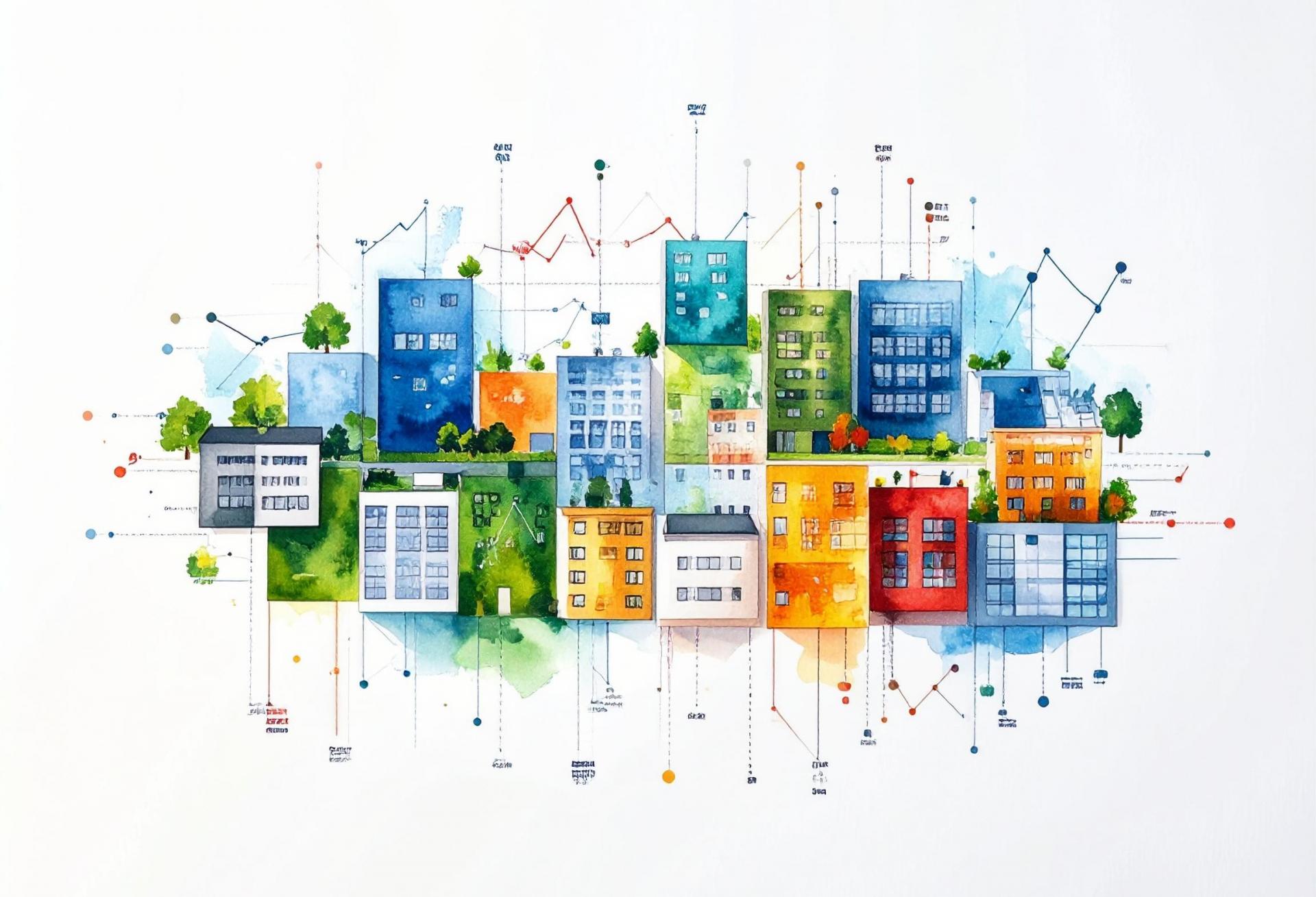 A grid of commercial buildings with lines and charts