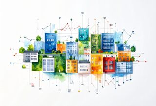 A grid of commercial buildings with lines and charts