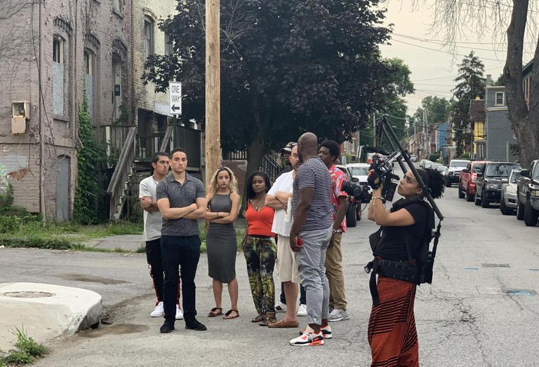 Yoba directing on the set of his docuseries, 'The Real Estate Mix Tape,' in Newburgh, NY.