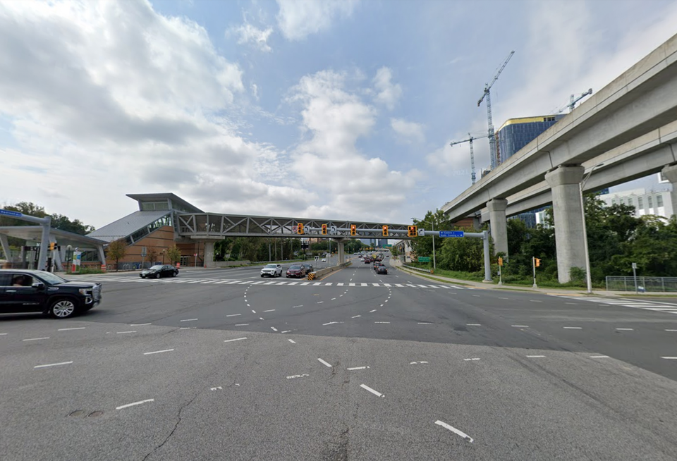 The pedestrian bridge above Dolley Madison Boulevard