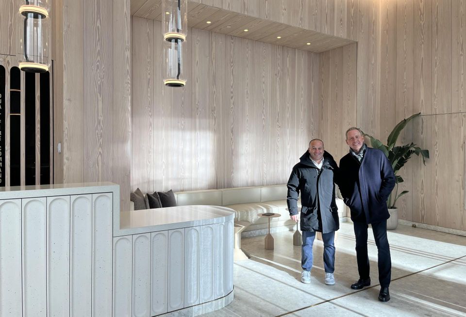 Newmark's Pete Shimkin and David Falk at the redeveloped 30th Avenue entrance to Morgan North.