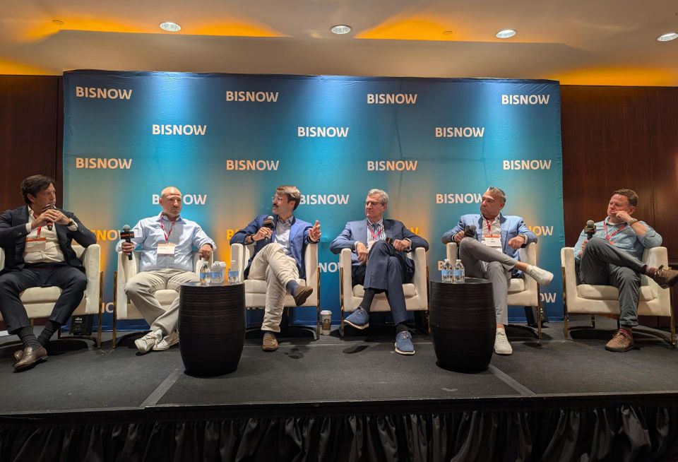 TitleVest’s Nicholas Malfitano, NYI’s Phillip Koblence, Partners Group’s Fentress Boyse, Haynes Boone’s Jeffrey Moerdler, DataVerge’s Ray Sidler and CleanArc Data Centers’ John Day at at Bisnow’s Data Center Capital Markets Summit, July 16 in New York.