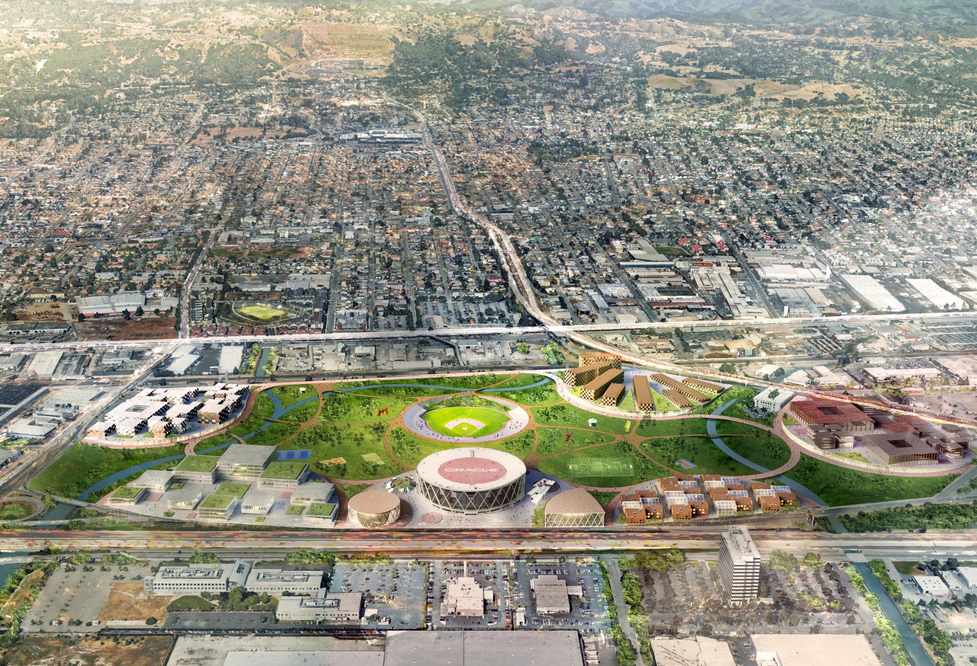 A look at Bjarke Ingels Group's design for the Oakland-Alameda County Coliseum complex A bird's-eye view of the A's proposal for the Coliseum complex