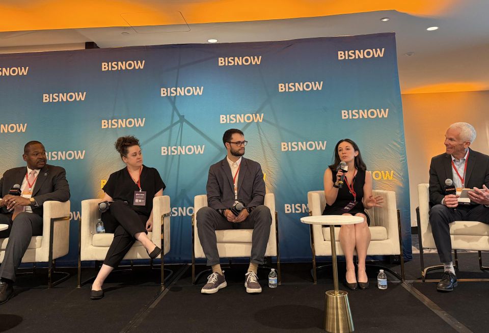 Silverstein Properties's Jason McCalla, Buro Happold's Julie Janiski, Prologis' Adam Brooks, Runwise's Kelly-Ann Corrigan and Ainsworth's Randy Topp onstage at Bisnow's 2026 National Energy and Sustainability conference.