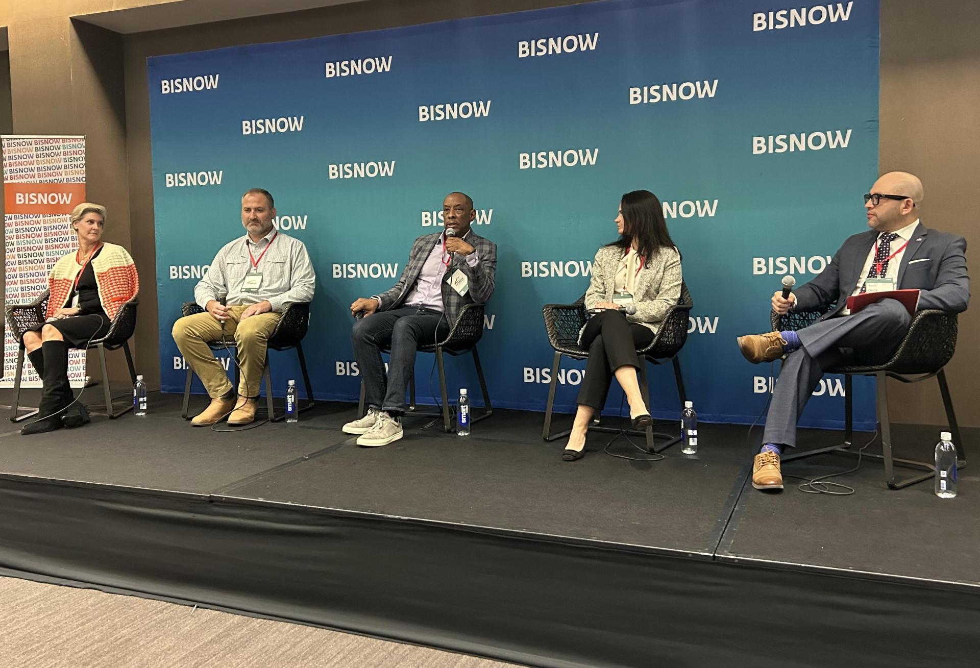 Banko Design's Melissa Banko, Stafford Properties' Blake McRae, Gibraltar Capital Partners' Keith Mack, Jamestown's Frances Bohn and Contineo Group's Erick Garcia-Salas speak at Bisnow's Atlanta Construction and Development Summit Nov. 19, 2024.