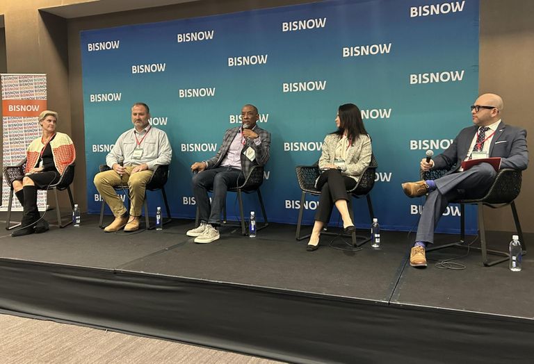 Banko Design's Melissa Banko, Stafford Properties' Blake McRae, Gibraltar Capital Partners' Keith Mack, Jamestown's Frances Bohn and Contineo Group's Erick Garcia-Salas speak at Bisnow's Atlanta Construction and Development Summit Nov. 19, 2024.