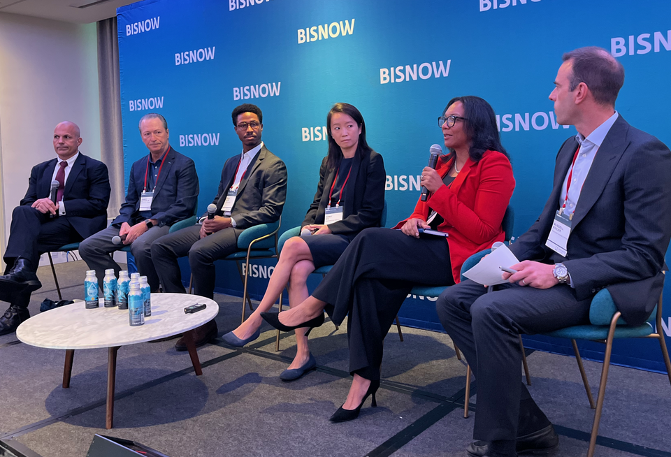 NewPoint Real Estate Capital's Rob Wrzosek, Pembrook Capital's Terry Baydala, Walker & Dunlop's Ethan Waite, Jonathan Rose Co.'s Jenny Wu, Nuveen's Pamela West and Hirschen Singer & Epstein's Russell Kivler onstage at Bisnow's 2024 Affordable Housing Conference.