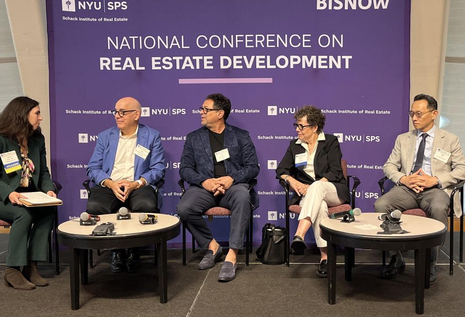 Thompson Hine's Sarah Sparer, FX Collaborative's Dan Kaplan, ODA's Eran Chen, CetraRuddy's Nancy Ruddy and Brookfield Properties' Taek Park onstage at Bisnow and NYU Schack Institute For Real Estate's 2026 National Conference on Real Estate Development.