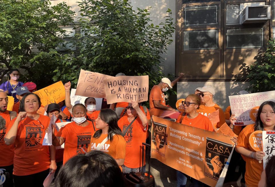 Protesters with tenant advocacy organization Community Action for Safe Apartments outside Hunter College before the Rent Guideline Board's final vote on 2024'as rent hikes for stabilized apartments.