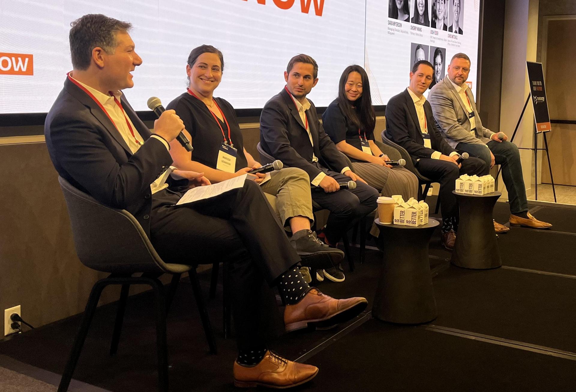 Greenberg Traurig's Peter Borock, MSquared's Sara Myerson, Global Holdings' Josh Feder, Vistria Group's Sherry Wang, Northern Trust Bank's Chris Mitchell and George Smith Partners' Justin Piasecki onstage at Bisnow's 2026 New York Multifamily Development and Investment Conference.