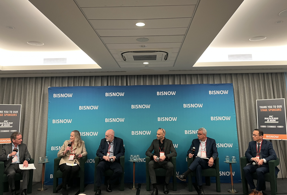 Adler & Stachenfeld's Alvin Schein, NRP Group's Jennifer Baus, HLB Lighting Design's Ken Douglas, Tom Winter Architects' Tom Winter, Group PMX's Joel Brenner and Brookfield Properties' Taek Park onstage at Bisnow's 2025 Construction Design and Development Conference.