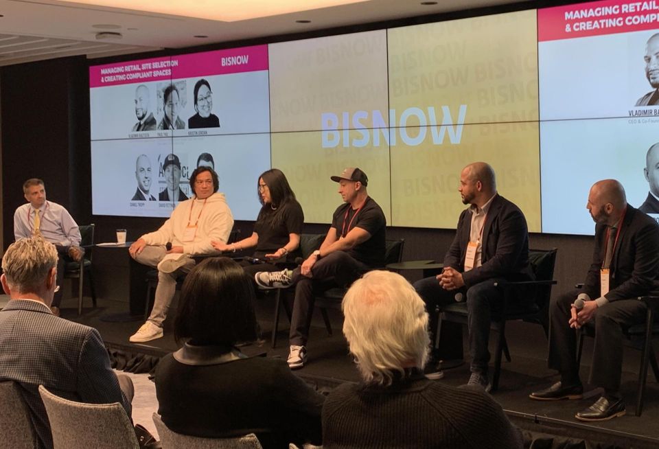 Seyfarth's Chris Palmese, Union Square Travel Agency's Paul Yau, Park Jordan's Kristin Jordan, Grow America Builders' David Fettner, AEBOV Industrial Real Estate Brokerage's Daniel Tropp and Happy Munkey's Vladimir Bautista onstage at Bisnow’s Tri-State and Real Estate Conference