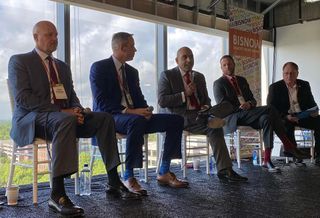 Caldwell Cos' Peter Barnhart, Howard Hughes Corp's Jim Carman, Bold Fox Development's Alex Kamkar, Signorelli Co's Jeff Dewese and Montgomery County Judge Mark Keough at Bisnow's The State of Montgomery County event on Aug. 19, 2021.