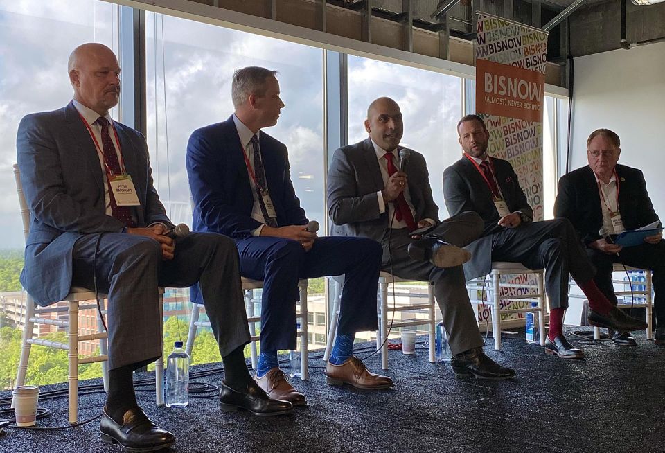 Caldwell Cos' Peter Barnhart, Howard Hughes Corp's Jim Carman, Bold Fox Development's Alex Kamkar, Signorelli Co's Jeff Dewese and Montgomery County Judge Mark Keough at Bisnow's The State of Montgomery County event on Aug. 19, 2021.