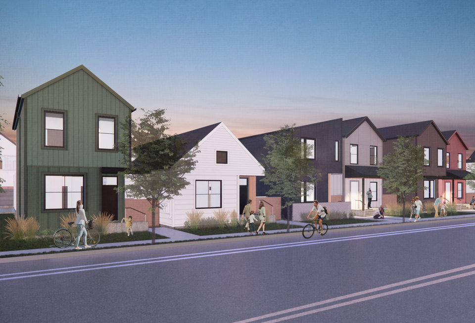 A rendering of the True North affordable housing community in Longmont, featuring several standalone homes in various colors and designs.