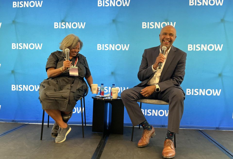 Fried Frank's Anita Laremont and New York City Housing Preservation and Development Commissioner Adolfo Carrión onstage at Bisnow's 2023 New York Affordable Housing Conference.