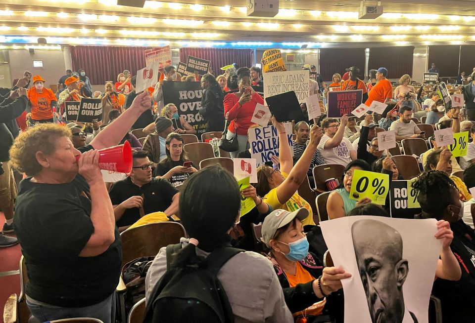 Tenants protest in June 2023 at the Rent Guidelines Board's vote on rent increases for stabilized apartments.