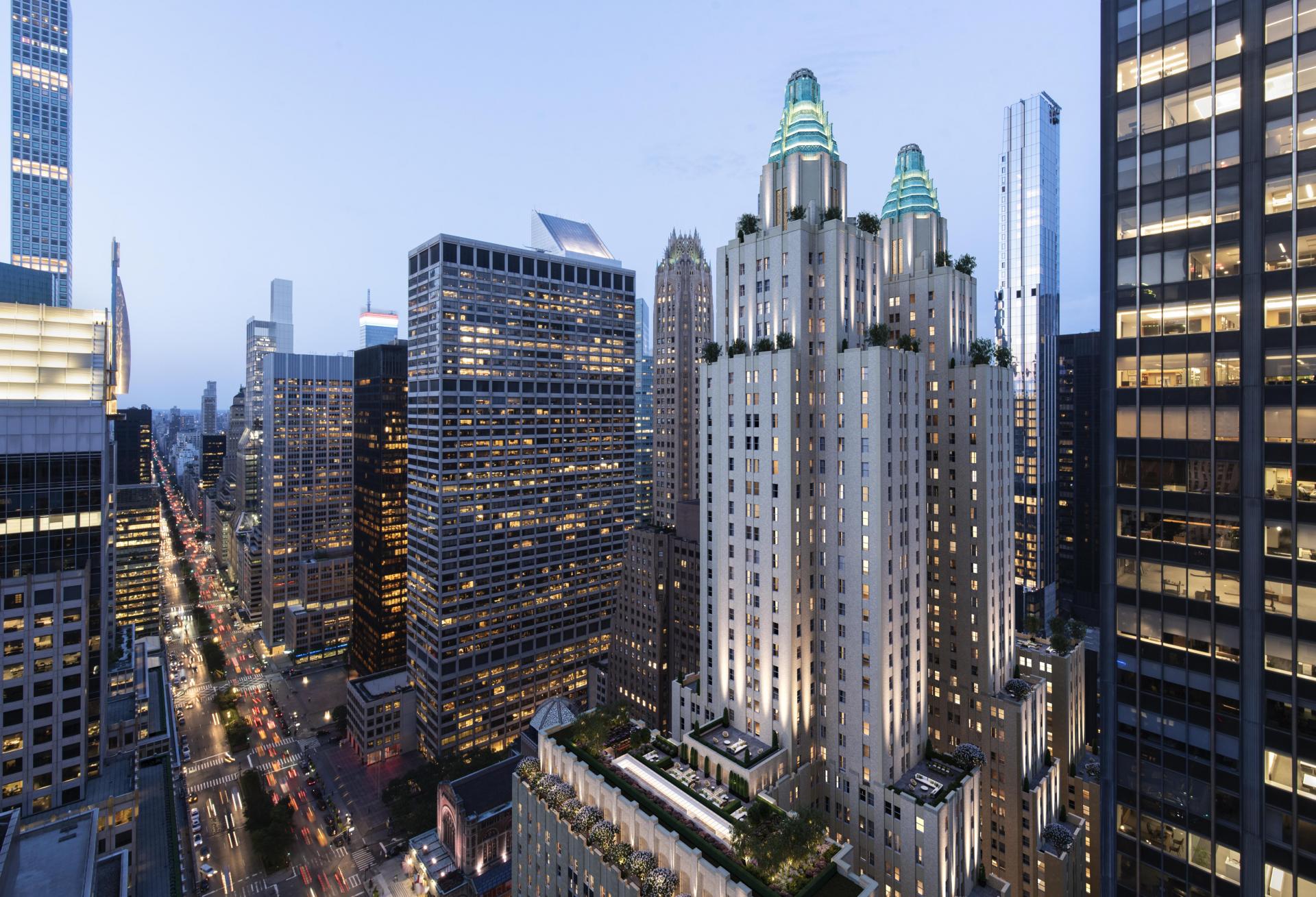 A rendering of the exterior of Waldorf Astoria New York