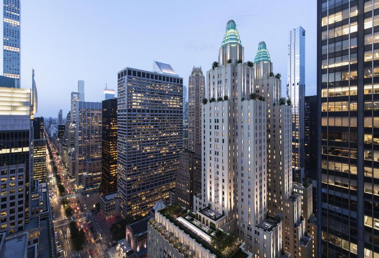 A rendering of the exterior of Waldorf Astoria New York